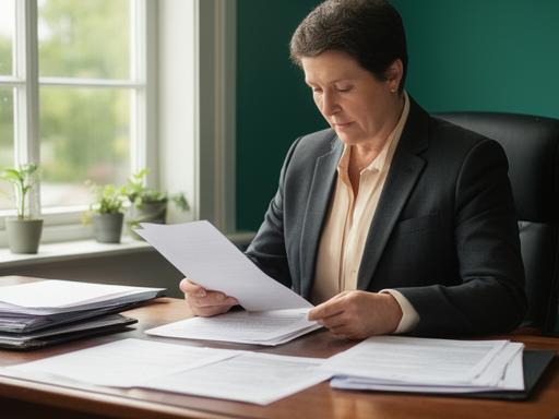 A calm office interior in Killarney with a legal professional reviewing documents at a wooden desk, soft natural light through the window